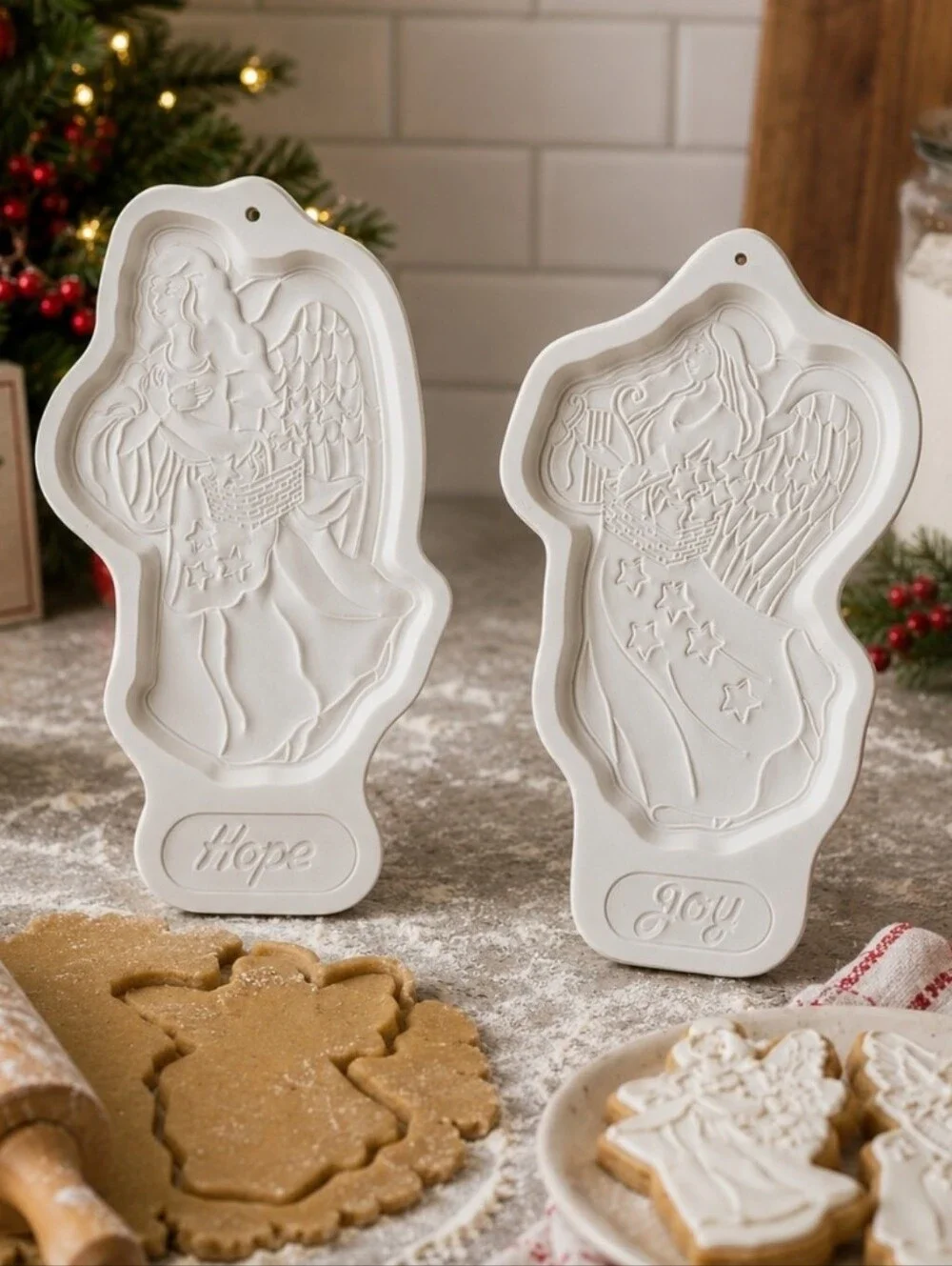 LONGABERGER Pottery Pair HOPE LOVE Cookie Mold Holiday Angel Series 1994 1996